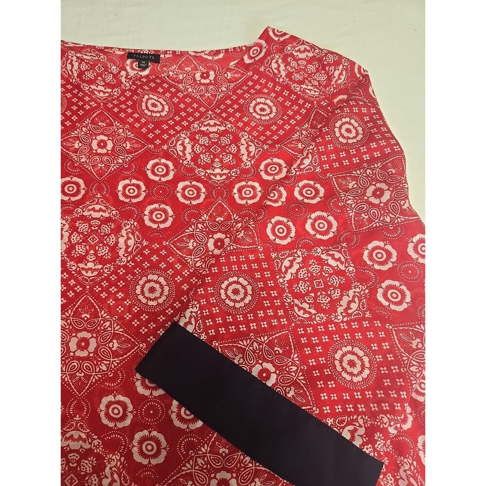 Talbots Red Bandana Tunic Top Women's M Sheer Navy Blue Trim Cover‎ up Patriotic - Picture 7 of 7